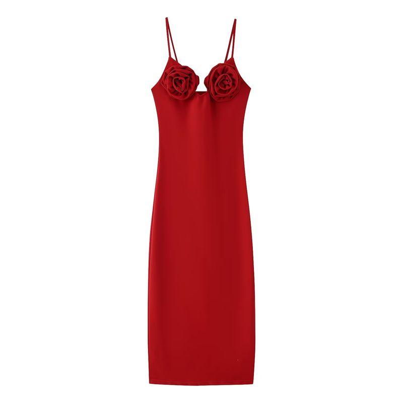 

Kaslead Новая женская одежда Западный стиль Приталенное Платье-слинг с трехмерным цветочным декором Red L