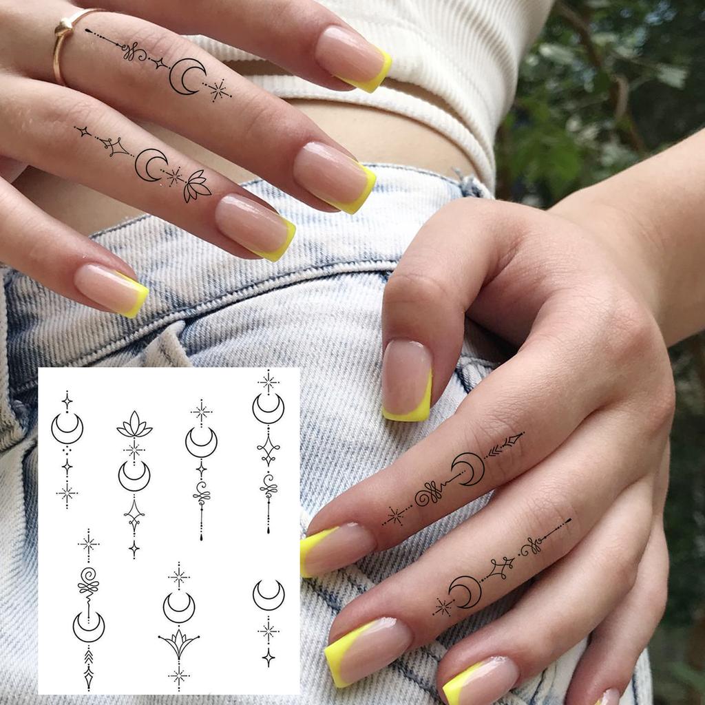1 Sheet Sun Crescent Totem Chain Temporary Tattoos For Women Finger, Fake Tattoo Sticker Waterproof Long Lasting Realistic Tatoo