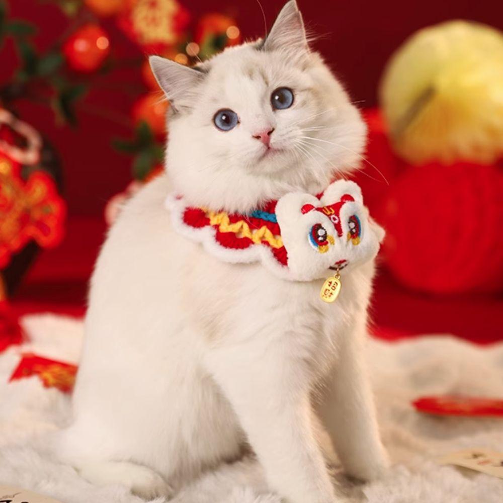Chinese Style Spring Festival Lion Dance Cat Tie Adjustable Warm New Year Pet Collar Handmade Blessing Cat Knitting Scarf Puppy