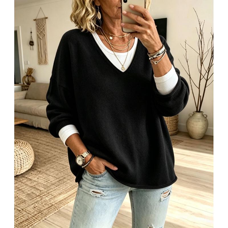 2026 Casual V-neck Loose Sweater - European/American Trend, Long Sleeve, In Stock
