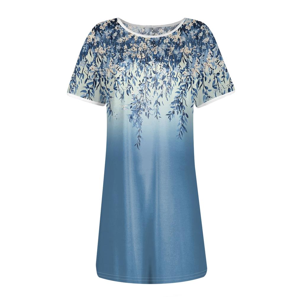 Women's Fashion Casual Floral Print Dress Round Neck Short Sleeves Miniskirt