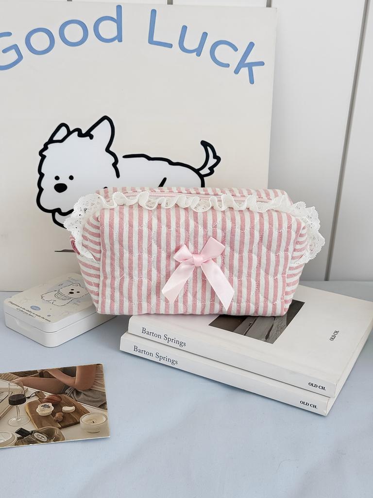 Pink and blue striped, high-appearance, sweet and fresh ins-style student girl clutch bag with sweet lace storage pouch