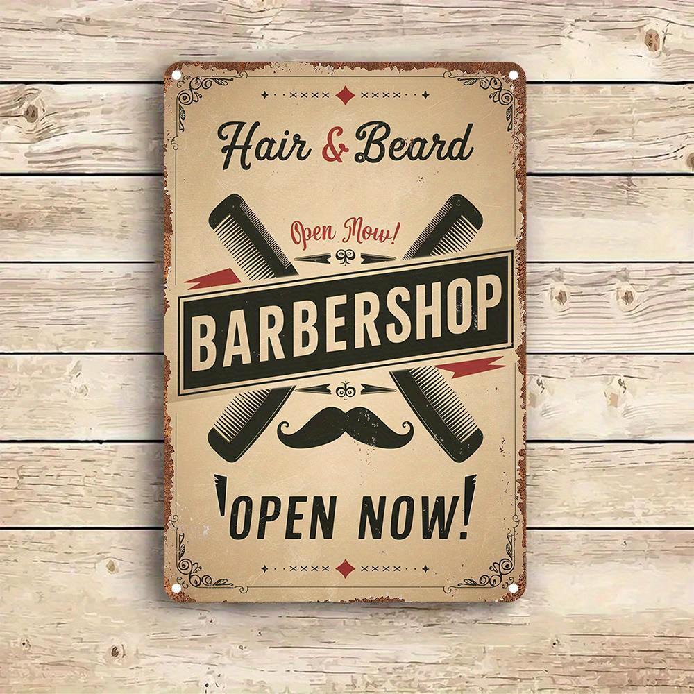 

Vintage Barbershop Sign Retro Metal Wall Art with Open Now Design Black White Barber Pole Illustration for Home Bar C aluminum 20x30cm