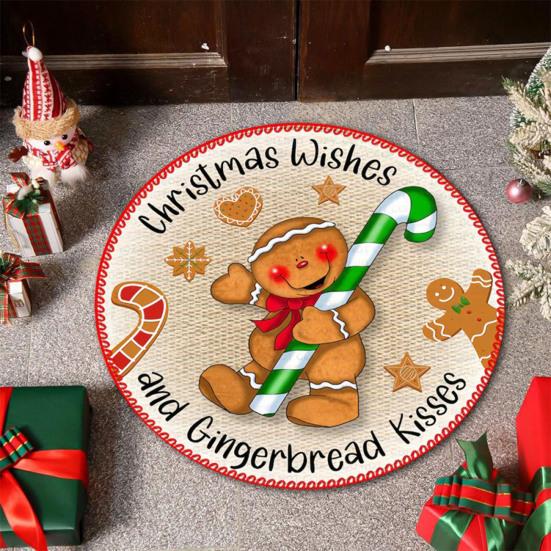 Christmas Floor Mat Round Santa Claus Xmas Area Rug Anti-Slip Absorbent Gingerbread Man Carpet