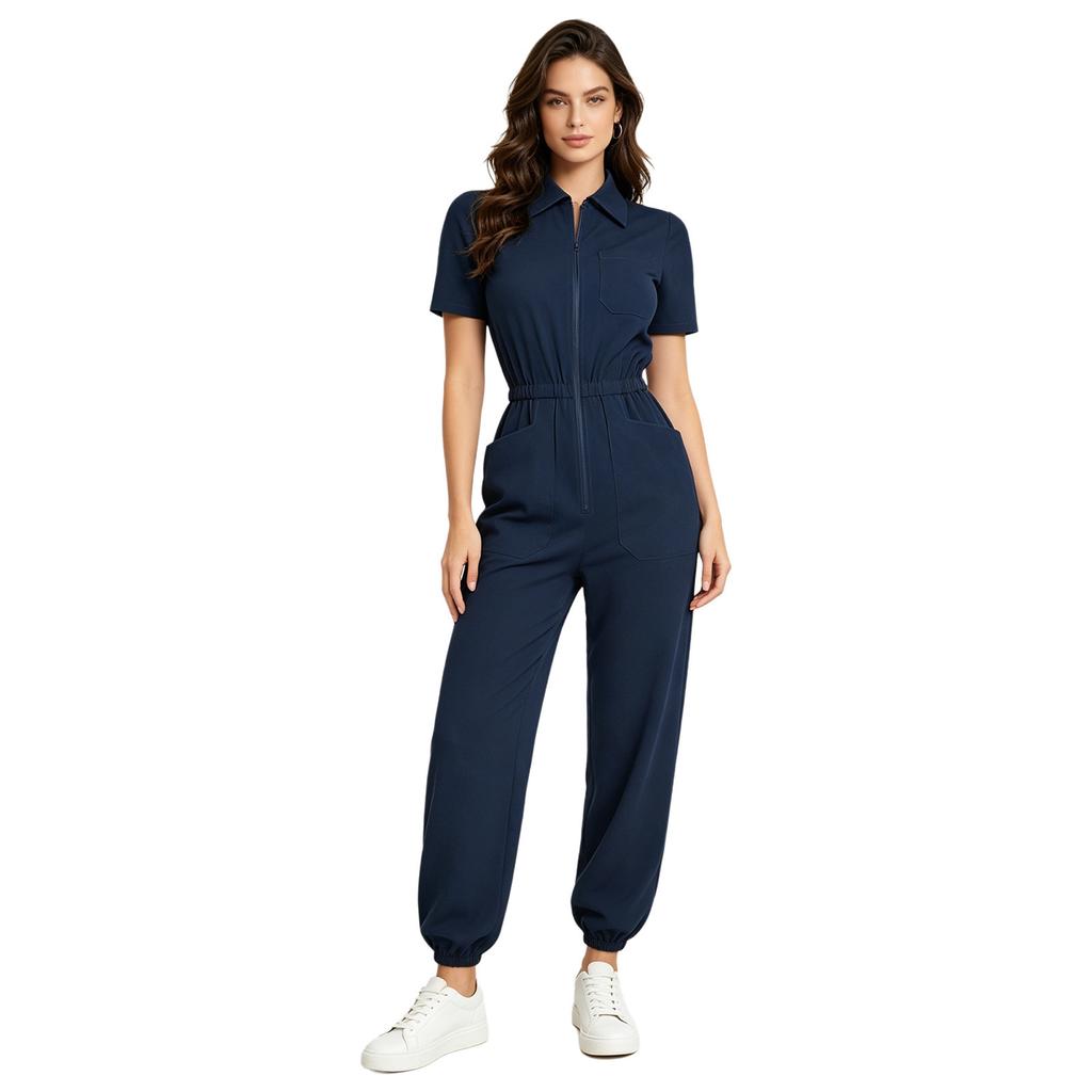 Damen Kurzarm Chirurgenanzug Mehrere Taschen Reißverschluss vorne Elastische Taille Jogginghose Medizinische Uniform