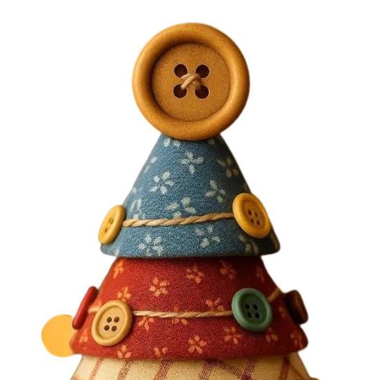 Fabric Christmas Tree Figurine Handmade Multi-Layer Xmas Tree Ornament with Buttons Scissors And Star Topper Holiday DIY Patchwork Craft for