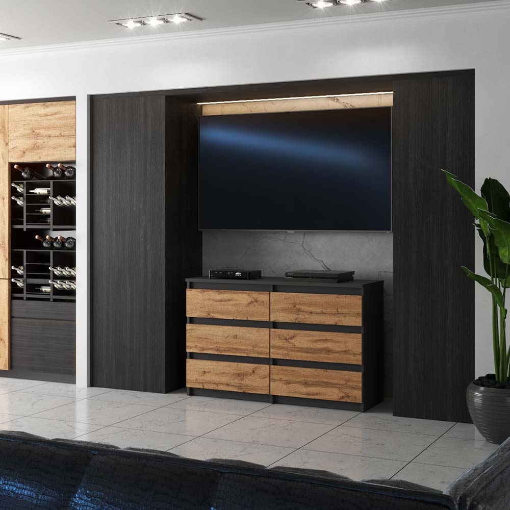 Chest of Drawers TV Cabinet for Living Room 100 CM 6 Drawers Gray Oak Wotan