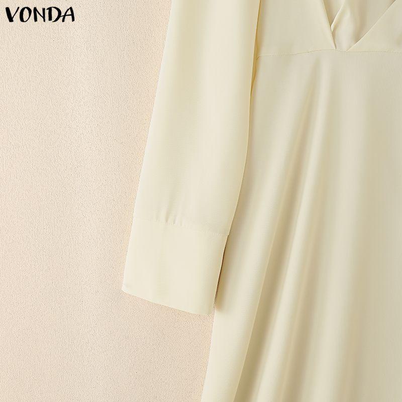 VONDA Elegant Women Round Neck Long Sleeve Side Ruffled Casual A-line Dress