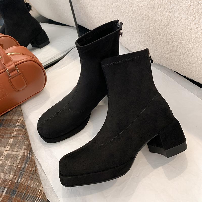 

Женские короткие ботильоны на высоком каблуке, новые эластичные ботинки из замши с круглым носком, водонепроницаемые, на толстом каблуке-таблетке, тонкие ботинки 39