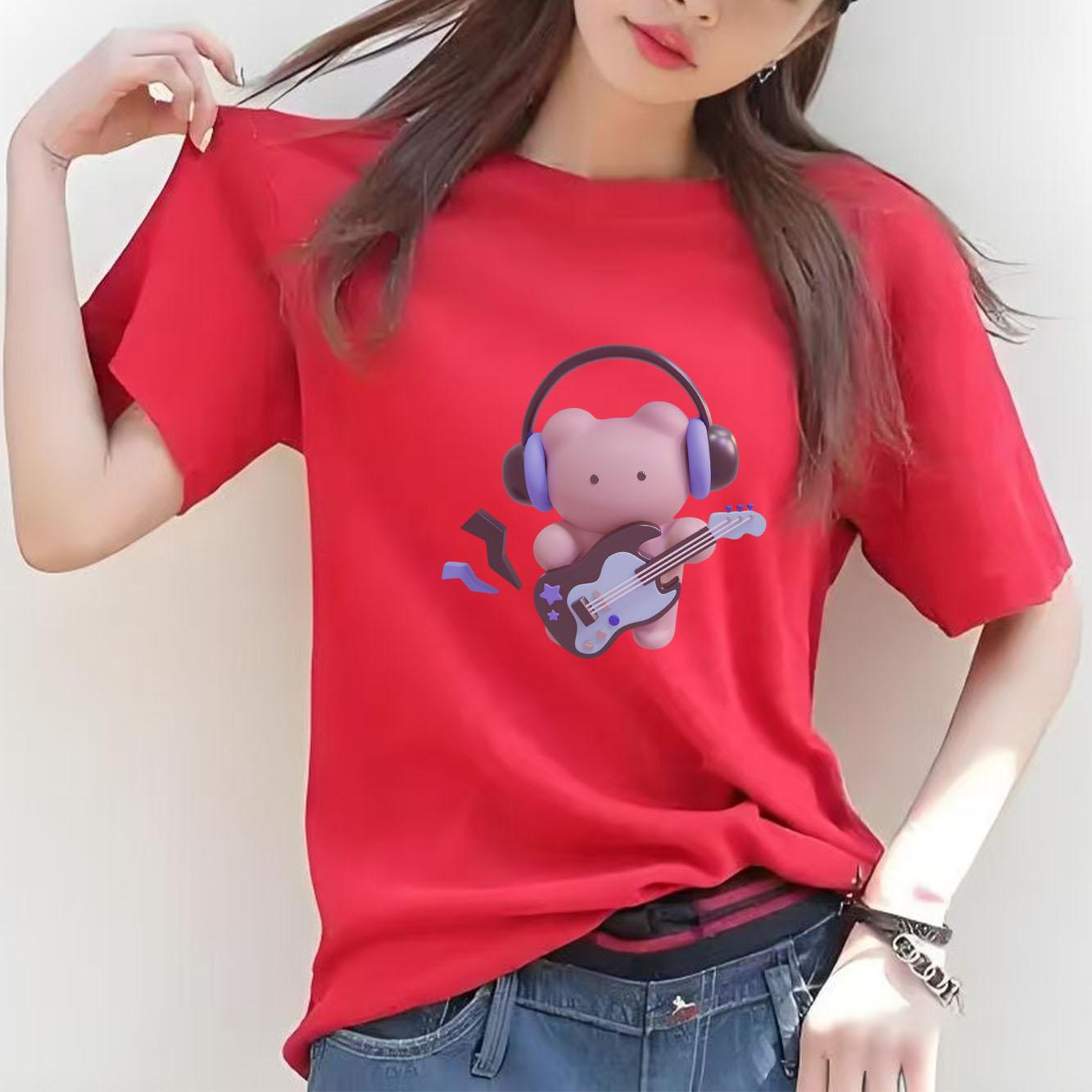 

Cute headphones cartoon printed short sleeved round neck Womens Tshirt for spring and summer versatile Womens Tshirt S