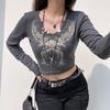 Y2k Fairy Grunge Diamonds Graphic Print Crop Top Autumn Long Sleeve Slim Fit Pullovers Tees Women Vintage White Crop Top Clothes