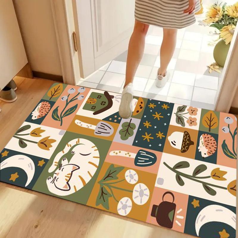Abstract Geometry Cartoon Printed Carpet Retro Floral Plant Mat Living Room Bedroom Artistic Decoration Carpet