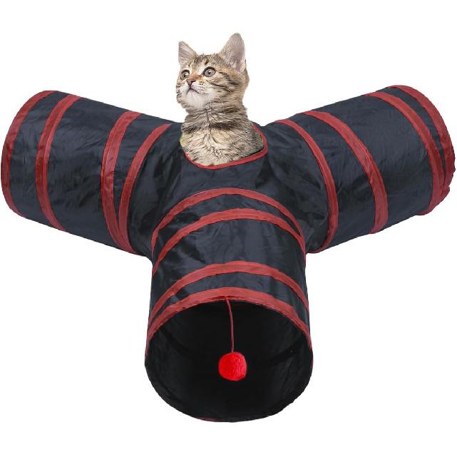 3 Way Cat Tunnel Collapsible Fun Pet Play Tube Toys for Cats, Kittens, Puppies & Rabbits - Portable Tunnel with Hanging Ball for Indoor Play, Hideout красный черный