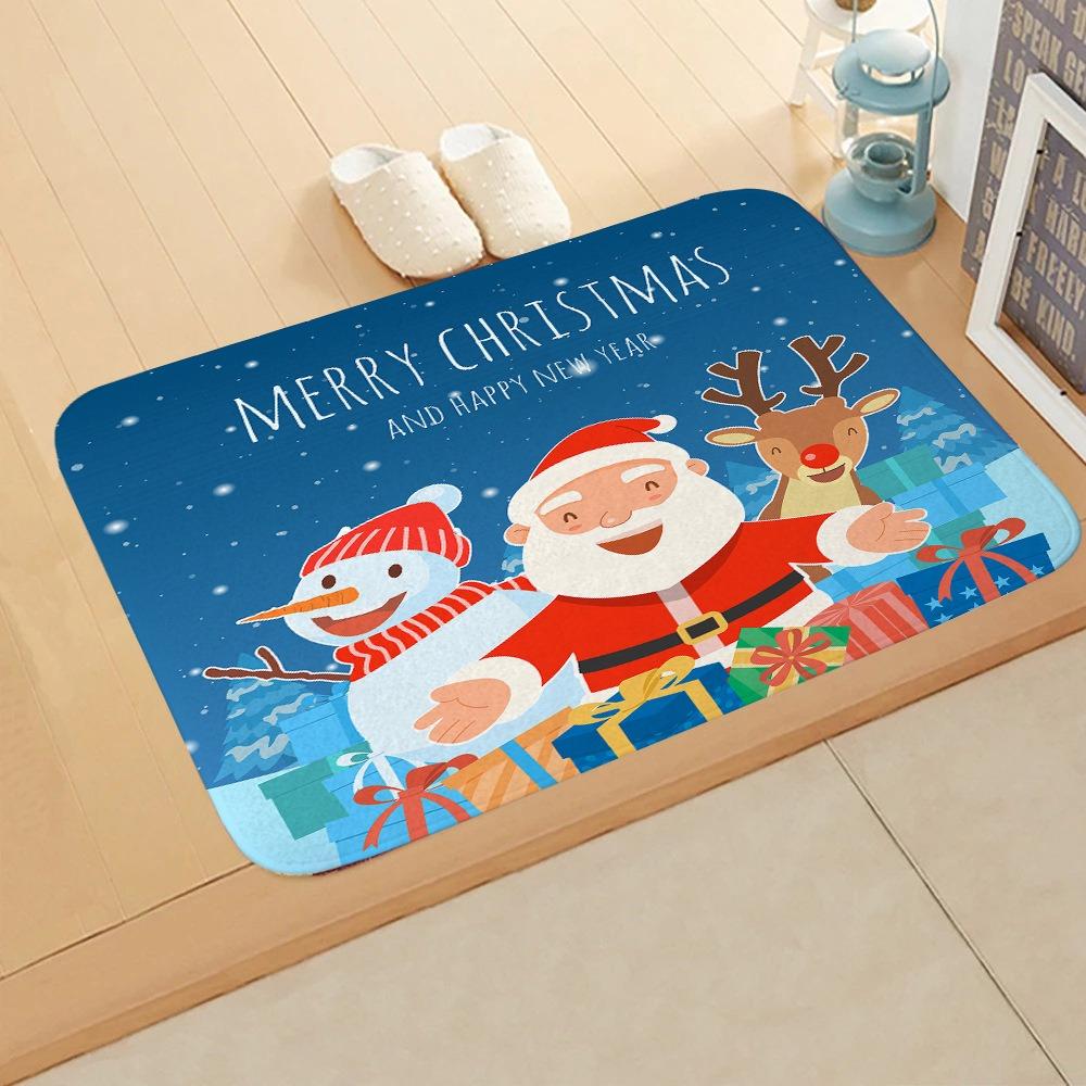 Christmas Themed Door Mat Santa Claus Snowman Gift Box Patterns Soft Non Slip Rug for Entryway Bathroom Xmas Decor