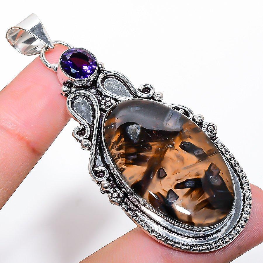 

Tube Agate, Morganite Gemstone Handmade Ethnic Jewelry Pendant 2.72 SR-4718