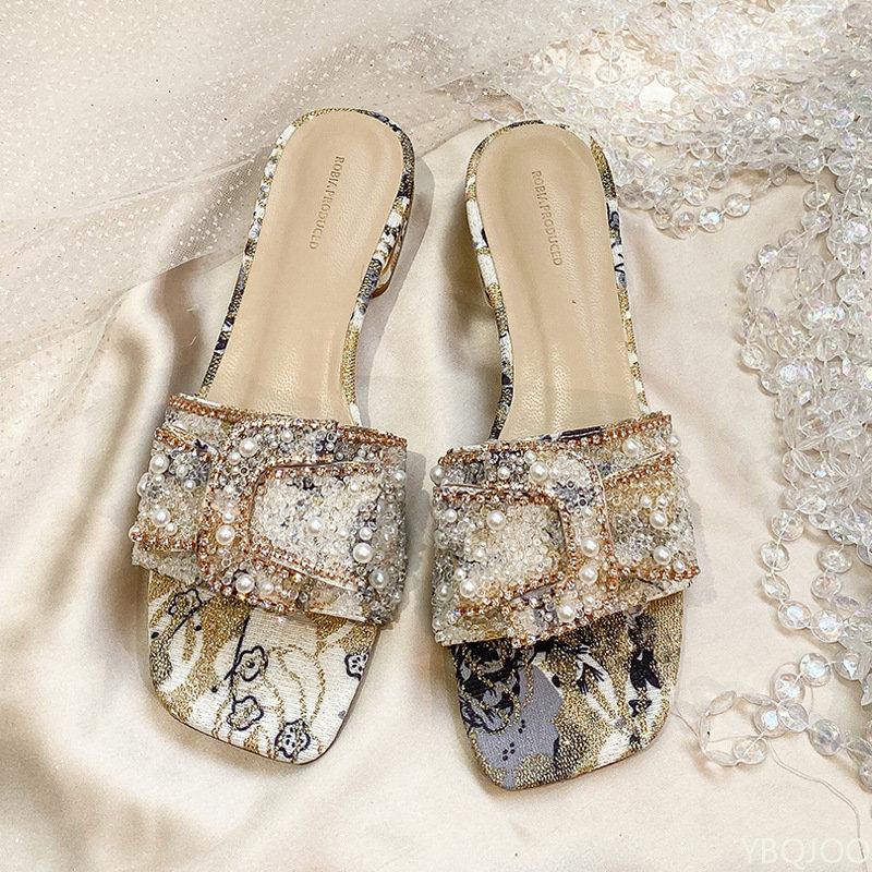Nouvelles Pantoufles Plates Mode à Talon Épais pour Dames Strass Chaussures Femmes Confort Été Bout Ouvert