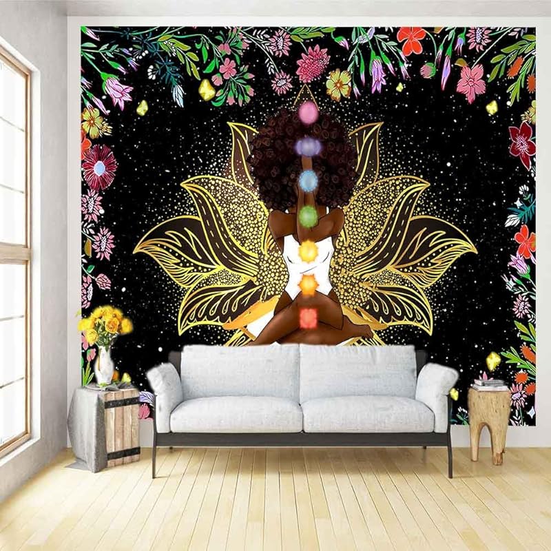 Ine Ive African Chakra Tapestry African American Woman Zen Meditation Tapestries 80x60 Inch Starry Sky Flower Garden Inspirational Afro Yoga Wall Art