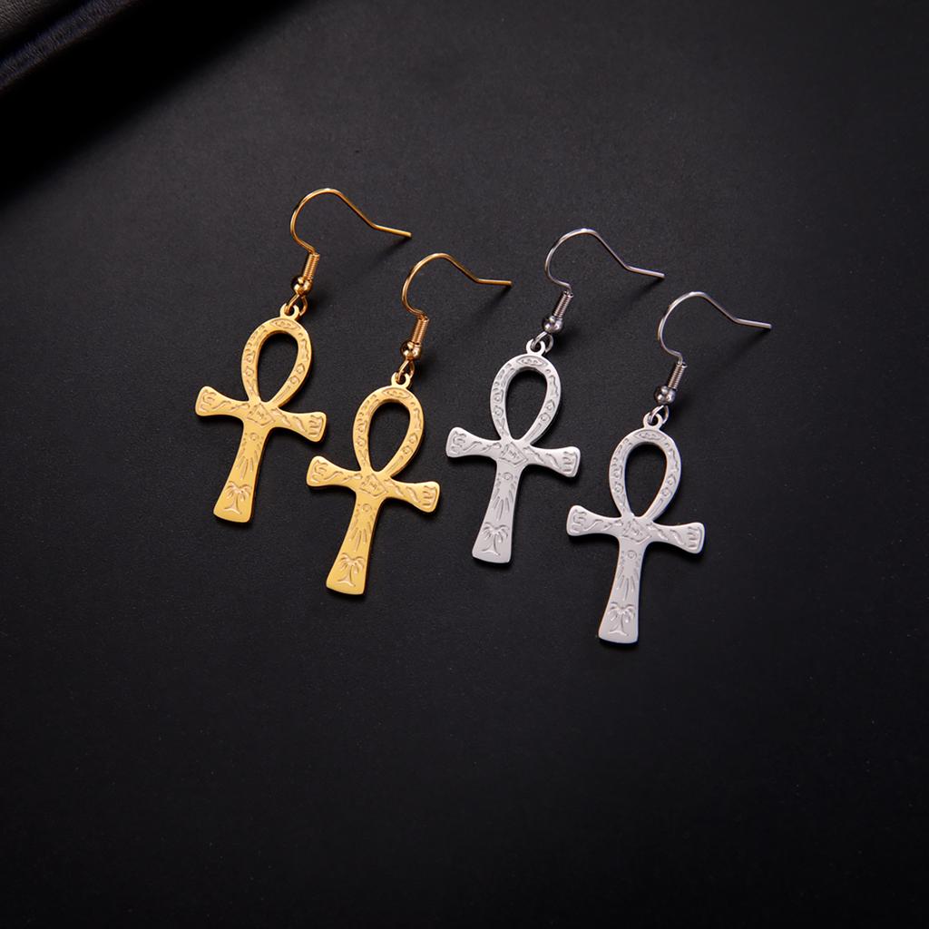 Lucktune Vintage Ankh Rune Cross Drop Stainless Steel Earrings for Women Key of Life ,Egypt Nile Key Earrings Jewelry Gifts New