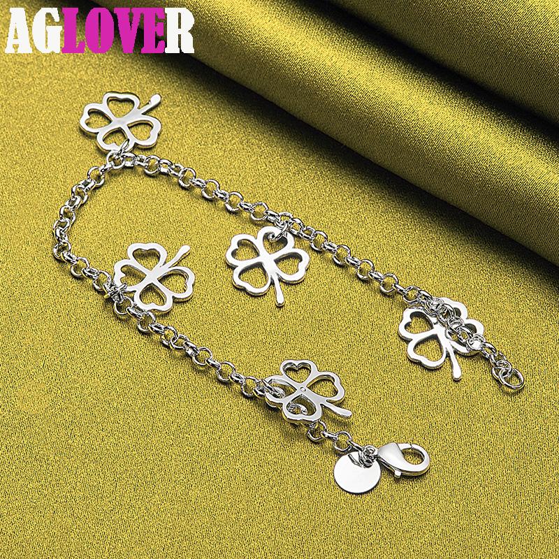 925 Sterling Silver Five Lucky Clover Flowers Pendant Bracelet Chain Jewelry