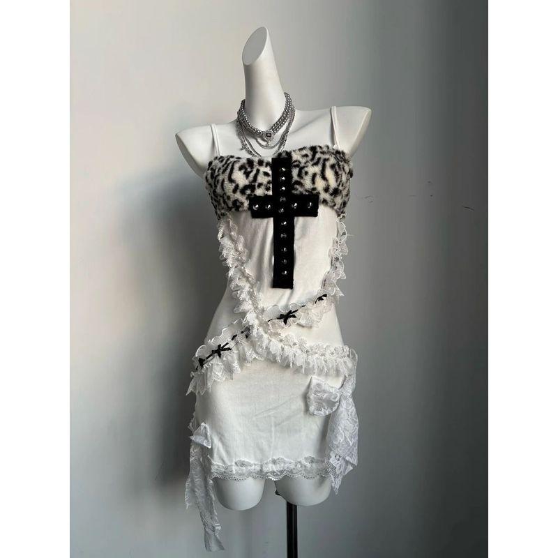 American-Style Spicy Girl Sunset Cross Leopard Print Lace Handmade Floral Trim Waist-Cinching Bodycon Spaghetti Strap Dress Leopard Print Cross Lace Cami Dress S
