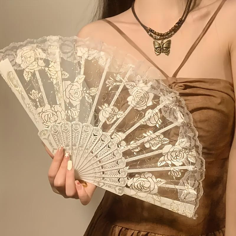 3/1pcs Vintage Lace Folding Fan Good Photography Prop Mesh Floral Rose Embroidery for Wedding Halloween Masked Ball Party Gift