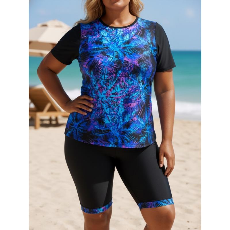 Women S Plus Size Split Swimsuit Printed Blue Coconut Tree Sleeveless Swimwear