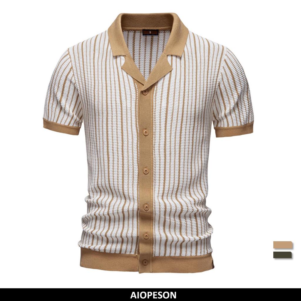 AIOPESON 2025 Men's Striped Sweater Polo Shirt Breathable Turn-Down Collar Knitted Cardigan Polo Men
