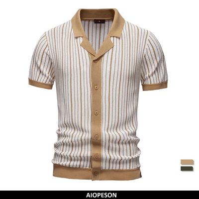 2025 Men's Striped Sweater Polo Shirt Breathable Turn-Down Collar Knitted Cardigan Polo Men