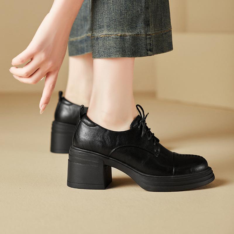 New Casual Women's High Heels Lace-up Women's Fashion Single Shoes Wear Round Head Square Heel Rubber Sole Low-top Shoes In All Seasons