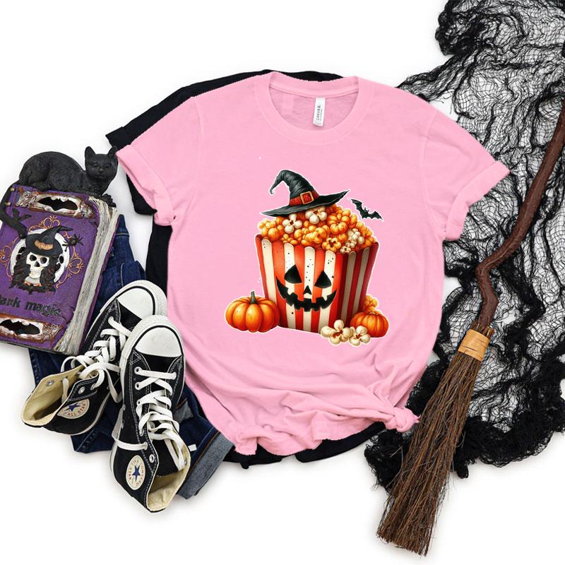 Halloween Popcorn Graphic Short Sleeve Tshirt Women Pumpkin Witch Hats Graphic Classic Tops Horror Popcorn Halloween Tshirts