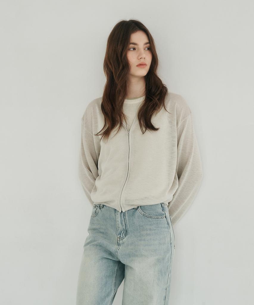 LOSSYROW Light Zip-Up Knit Hoodie Beige