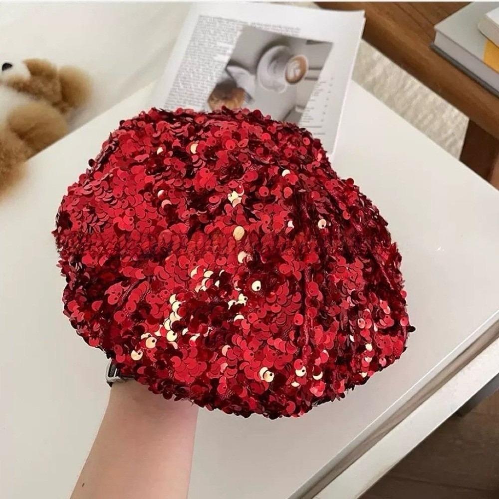 

Retro Glitter Sequin Beret Trendy Lady Octagonal Cap Fashion Fashion Painter Hat Photography червоний