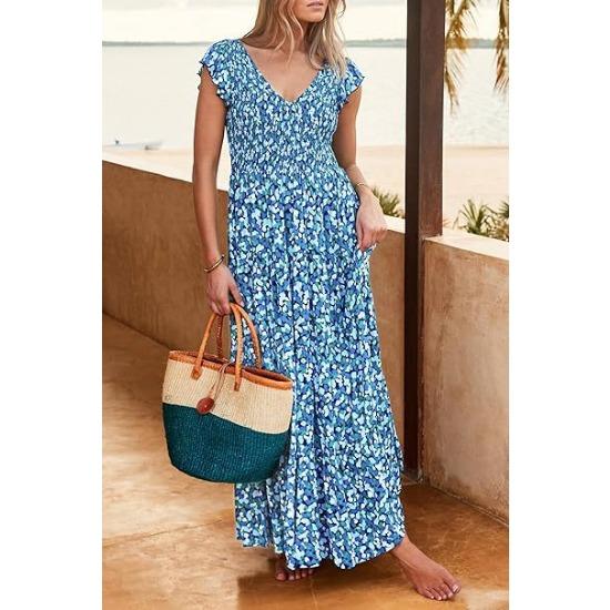 

IHUASU Женское плиссированное платье с V-образным вырезом и открытой спиной и летними рукавами с принтом XXL синий
