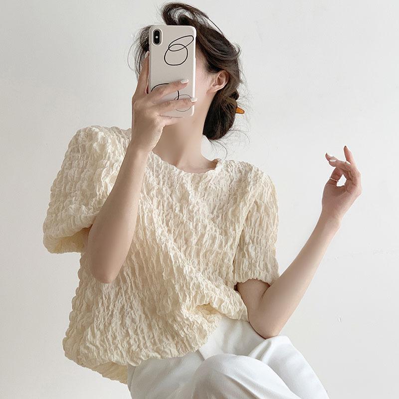 

Летнее платье со складками, свободная футболка, топ с круглым вырезом, одежда с короткими рукавами, женская рубашка для пляжного отдыха M