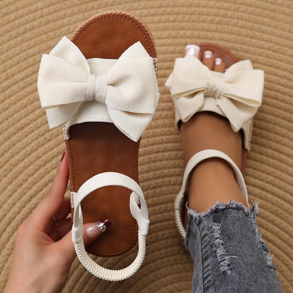 Fashion 2025 New Women's Counter Sliding Trend Sandals Summer Fashion Beach Casual Slippers Outdoor Bow Elastic Flat Shoes Zapatos Mujer