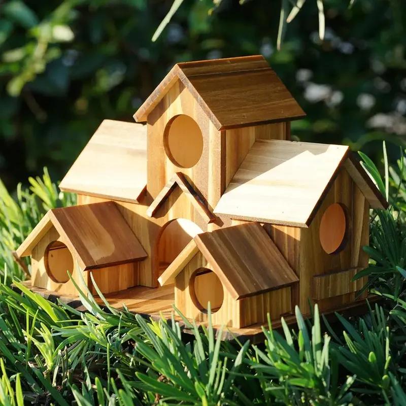 Wooden Bird Feeding Birdhouse 5 Hole Bird Cage Room Outdoor Garden Bird Nesting Box Small Pet Supplies Decoration Garden Decor