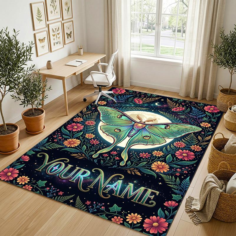 Moonlit Moth Garden Theme Soft Crystal Velvet Rug Custom Name & Text Print Non Slip Floor Rug for Bedroom Living Room