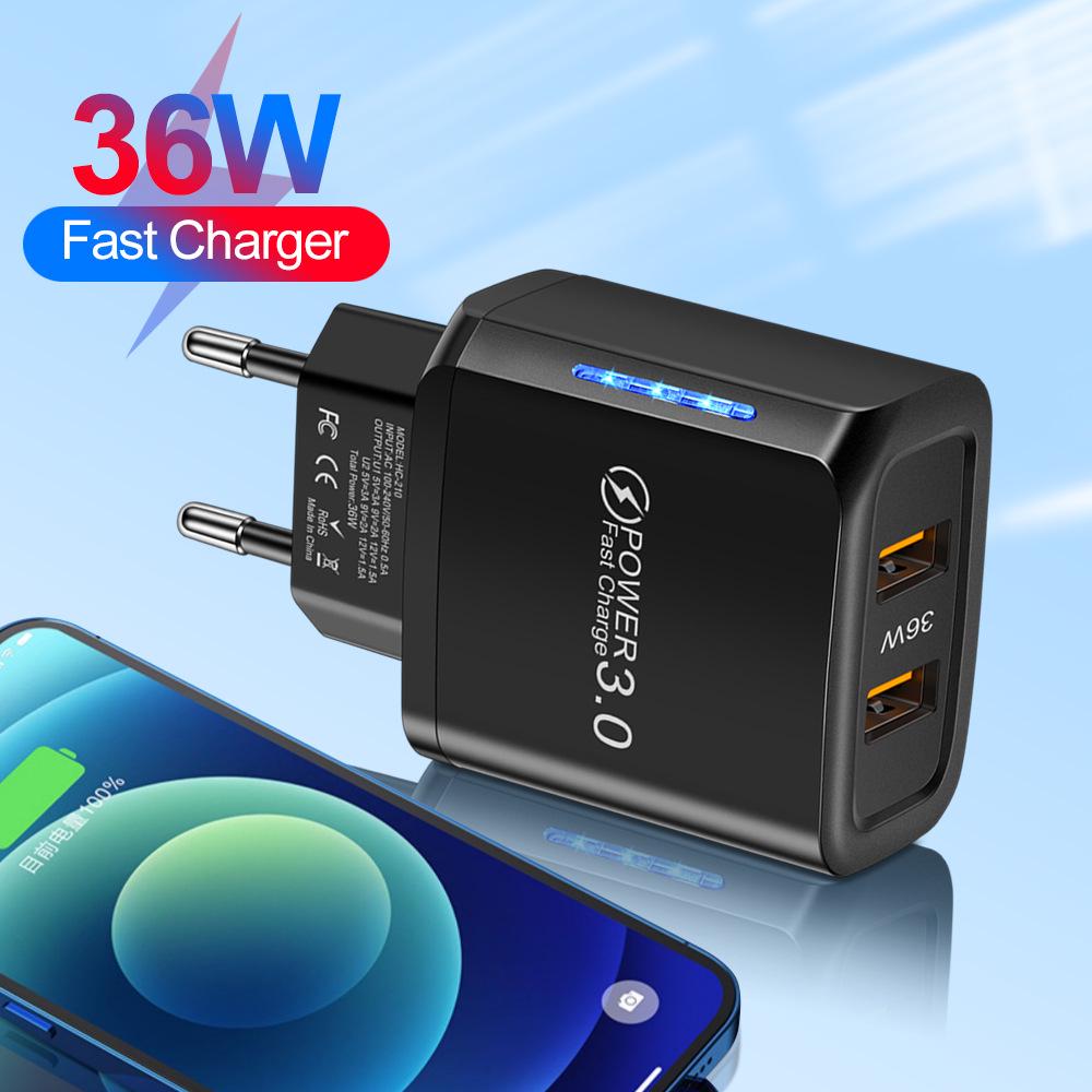 

Mark 36W Dual USB Charger with LED, Dual Port for Fast Charging, Travel Charger US Standard Black