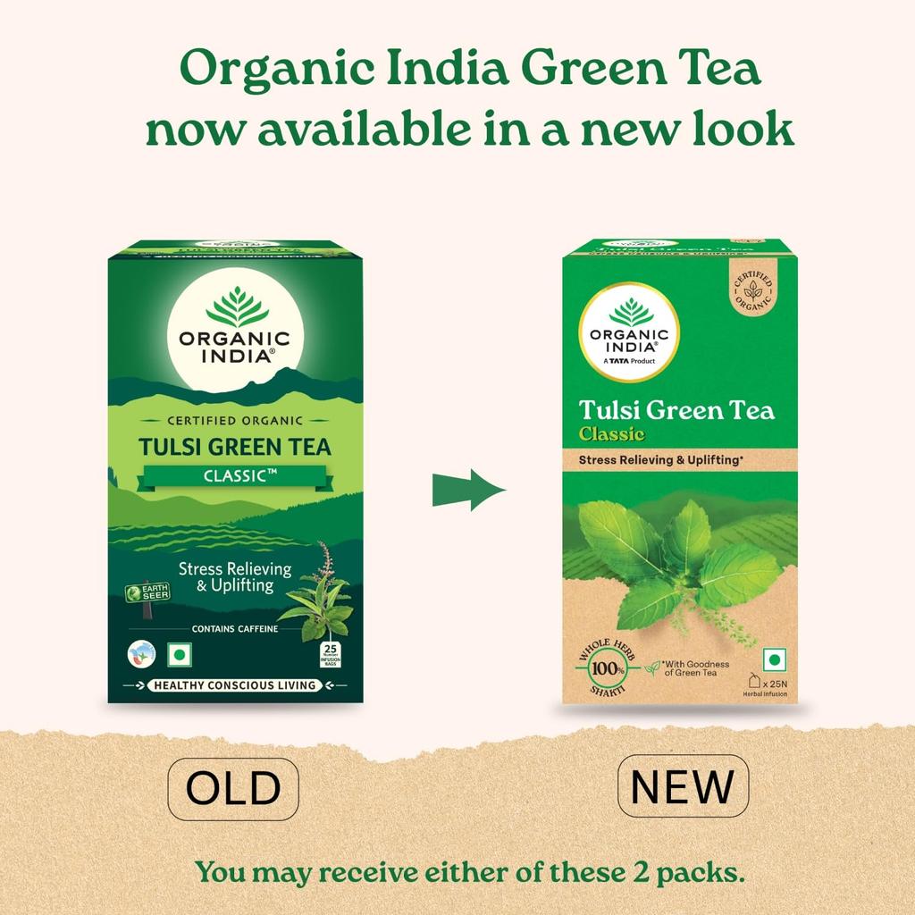 ORGANIC INDIA Tulsi Green Tea Classic 25 Tea Bags Uplifts Mood Rich Antioxidants Rama Krishna Vana