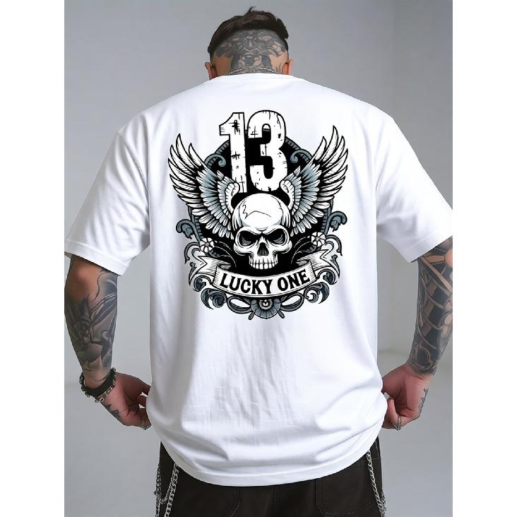 Luck One 13 Ανδρικό Κοντομάνικο T-Shirt με Γραφικό Σχέδιο στην Πλάτη - Ζωντανό Κίτρινο με Έντονο 13, Σχέδιο με Φτερά και Κρανίο, Διαπνέον, Στρογγυλή Λαιμόκοψη, Casual, Καλοκαιρινό