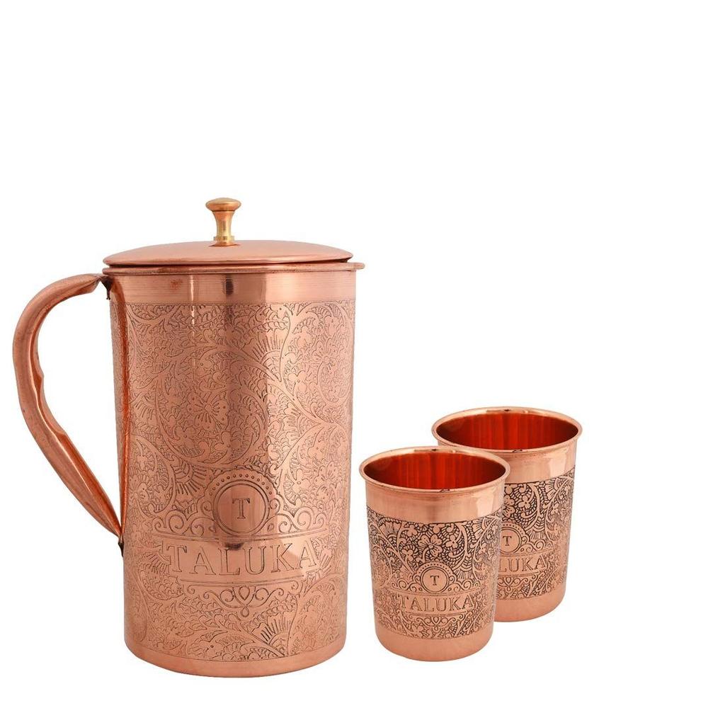 Handmade Copper Etching Embossed Jug & Glass Set 1500 ML Jug with 2 Copper Glass Pitcher for Storage Water & Serving Ware Set of 3