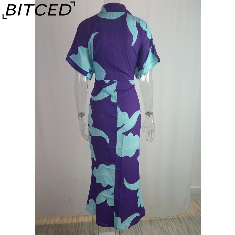 BITCED Damen Hemdkleid mit Kragen, mittellang, kurzärmelig, einreihig, hoch tailliert, Frühling