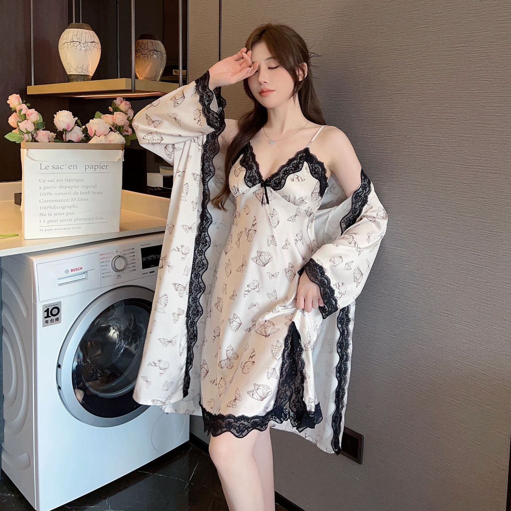 Ice silk pajamas women's new suspender nightgown ins nightgown two-piece set with chest pad sexy printed loungewear long sleeves