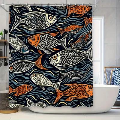 Buntes Fischmuster Duschvorhang Marineblau Orange Dekoratives Wasserdichtes Gewebe Badezimmer-Einleger für Heim-Badezimmerzubehör Decora