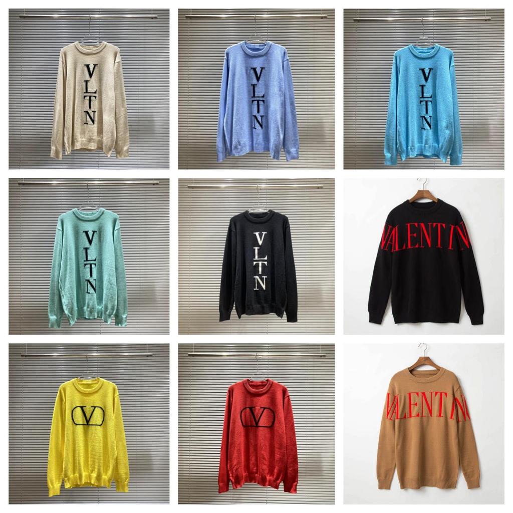 VT Valentino Unisex pletený svetr: 25 stylů, volný střih, kulatý výstřih, žakárové logo s písmenem na hrudi.