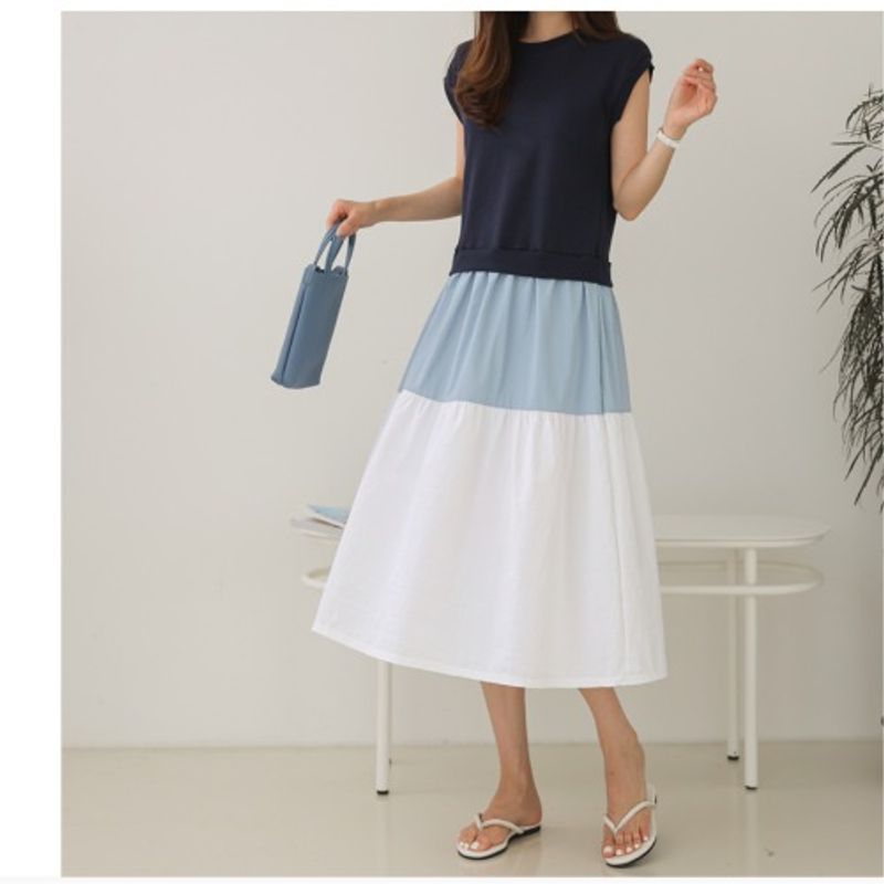 

Plus Size Women s Clothing Chubby Girl Knitting round Neck Short Sleeve T-shirt Patchwork Fake Two-Piece Mid Length Long Length Dress Women s L-4XL Image color 4XL