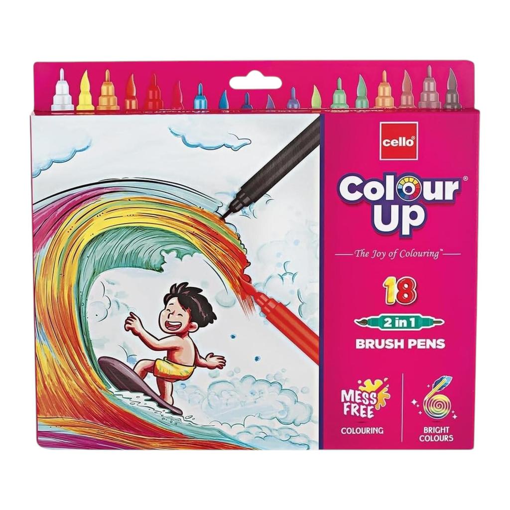 Cello BrushTipPens Multicolor 18 Shades 2-in-1 Brush And Sketch Pen Set Washable Non Toxic Art Pens For Kids Creativity