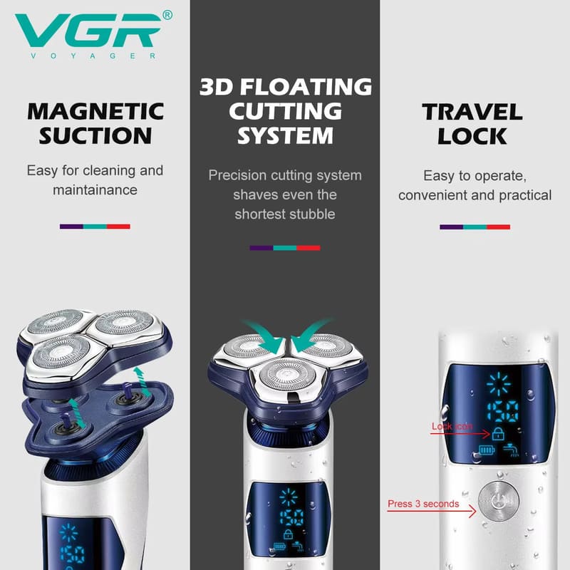 Original VGR V-328 3D Wet Dry Electric Shaver for Men Beard Rechargeable Facial Electric Razor Floating Head Shaving Machine Lithium with LCD Display