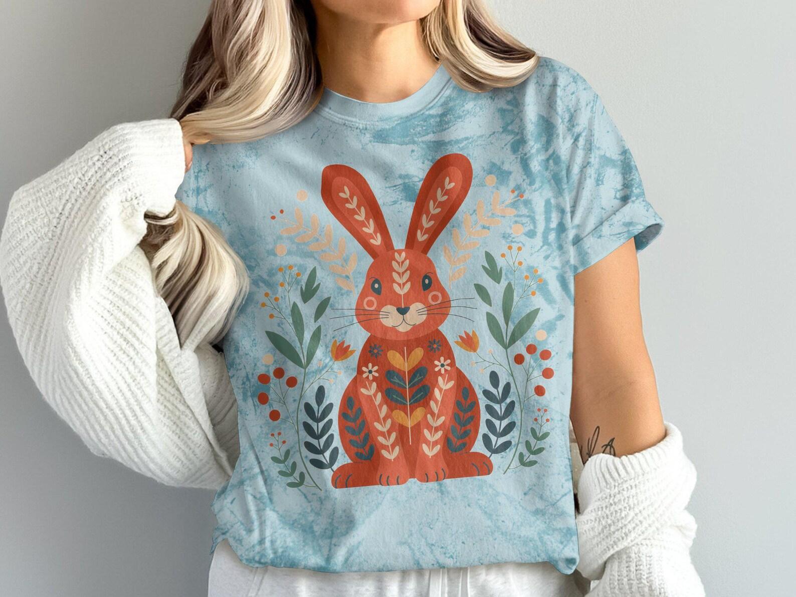 Cute Bunny Scandinavian Folk Art Cottagecore T-Shirt, Floral Bunny Print Tee, Women s Graphic T-Shirt, Spring Rabbit Shirt, Scandi Art 4XL