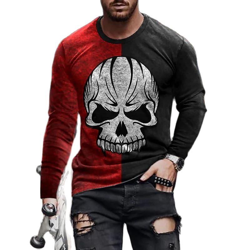 Retro Long Sleeve T-shirts For Men 3d Print Skull Long Sleeve Cotton Tops Street Hip Hop O Neck Pullover Oversized Tee Shirt Men